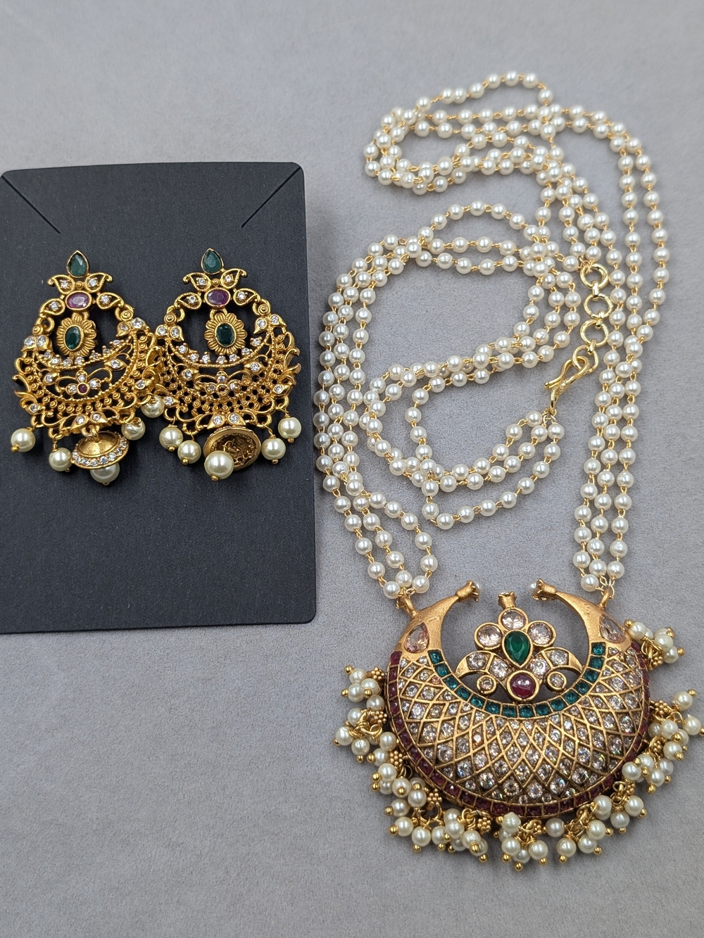 Indian Peacock Kundan Style Pearl Necklace Earrings Set Bridal | 0017 - Picture 7 of 11